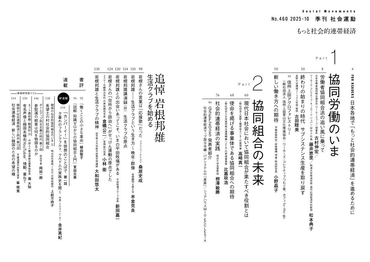 季刊『社会運動』2025年10月発行【460号】の目次。