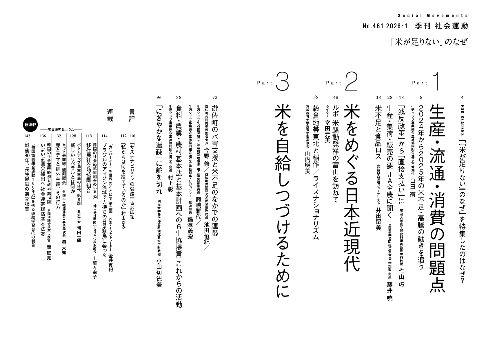 季刊『社会運動』2026年1月発行【461号】の目次。