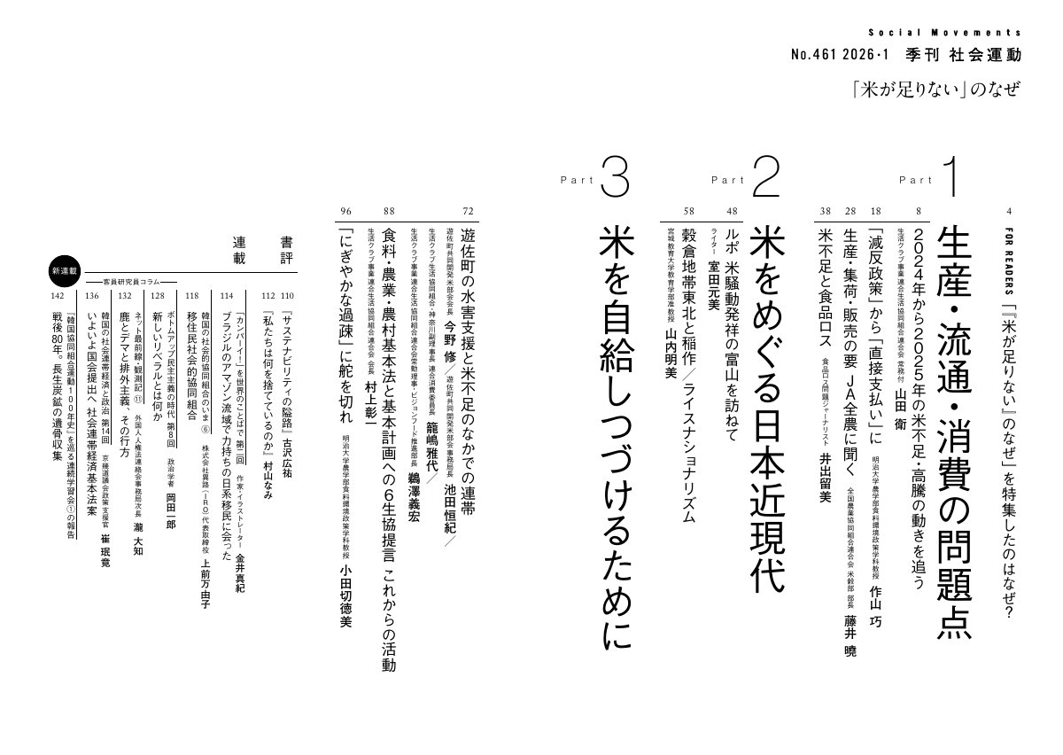 季刊『社会運動』2026年1月発行【461号】の目次。